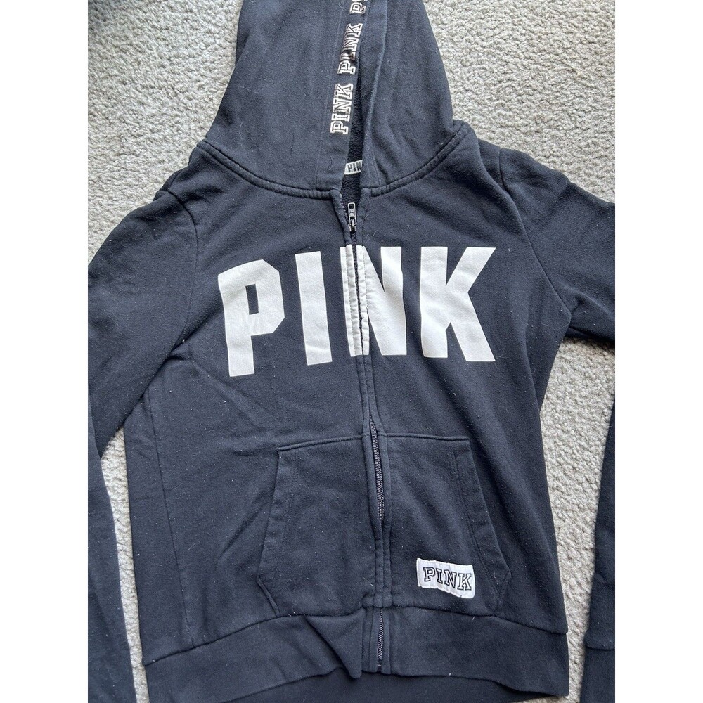 Pink Victoria Secret Women’s Black & White Zip Up Hoodie Sweatshirt Size MED - Picture 2 of 5